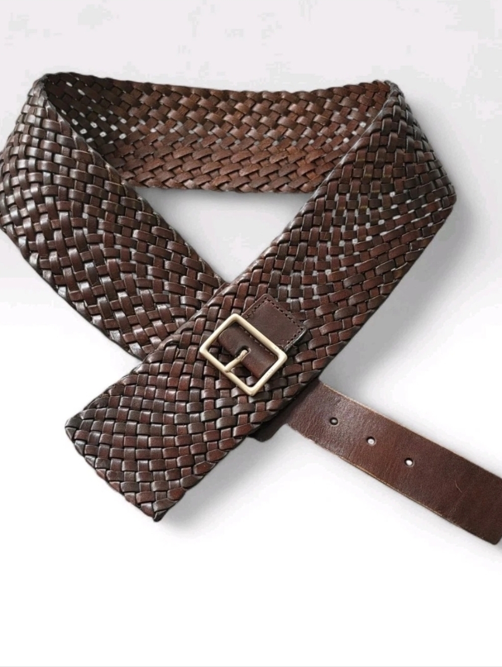 Vintage DKNY Wide Woven Genuine Leather Brown Belt Boho Braided Size L